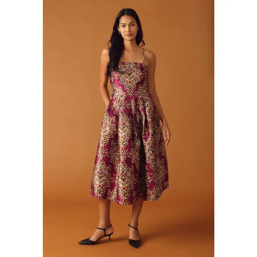 NWT Gold Damask Midi Dress in Burgundy